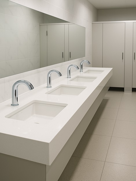 Modern public restroom bay with vandal-resistant touchless fixtures